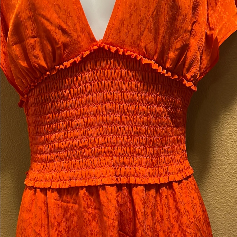 Leith Orange Red Smocked Midi Dress V-Neck Flutter Sleeve Side Slit Size XS - Picture 5 of 12